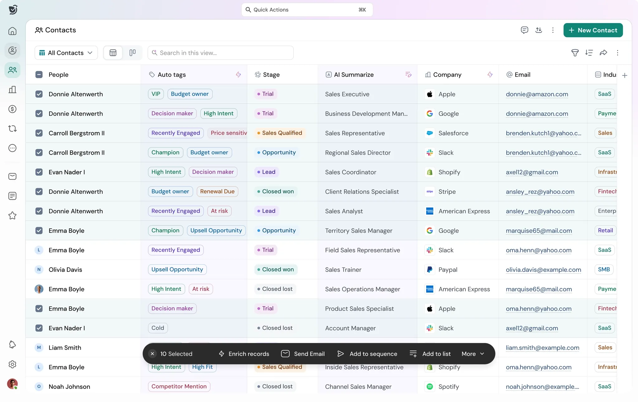 SparrowCRM contact management dashboard displaying AI-enriched records, tags, deal stages, and customer details.